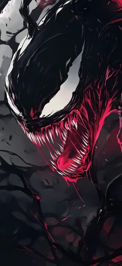 Venom with menacing expression, sharp teeth, dark aesthetics | Black, Red, White | 4K Wallpaper for Mobile