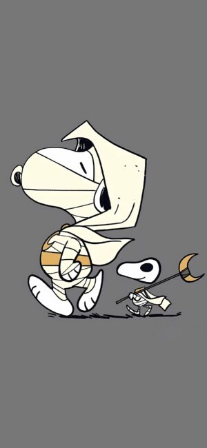 Cute cartoon mummy Snoopy with a small friend on grey background, Halloween theme | 4K Wallpaper for Mobile