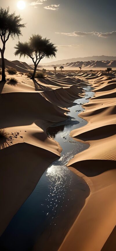 Golden desert landscape with sand dunes, a winding stream, and desert trees under a clear sky | 4K Wallpaper for Mobile