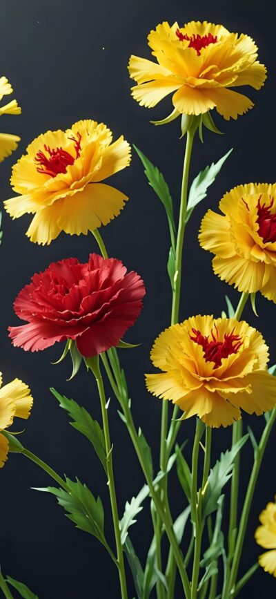 Carnation flowers in vivid yellow and red with green stems on a dark background | 4K Wallpaper for Mobile