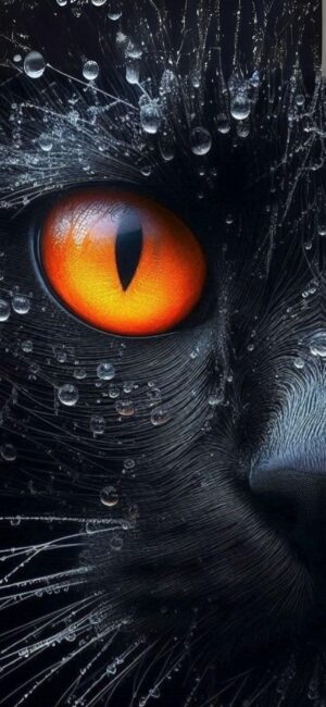 Close-up of a black cat's face with orange eye and wet fur, creating a mysterious vibe | 4K Wallpaper for Mobile | Black, Orange