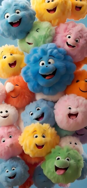 Vibrant fluffy cartoon clouds with cheerful, expressive faces in pastel shades of blue, pink, yellow, orange, and green | 4K Wallpaper for Mobile.