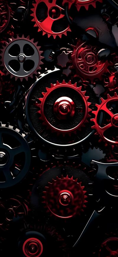 Intricate red and black interlocking gears and cogs design | Industrial art and engineering elements | 4K Wallpaper for Mobile