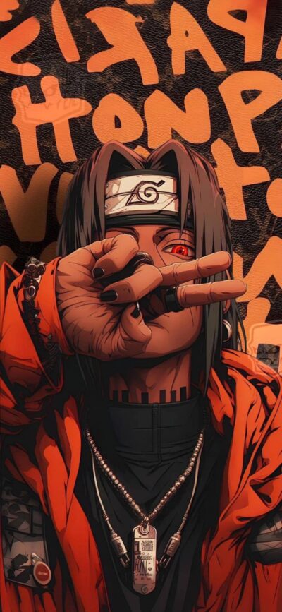 Anime character from Naruto with a forehead protector poses stylishly; orange, black, red colors on abstract text background | 4K Wallpaper for Mobile