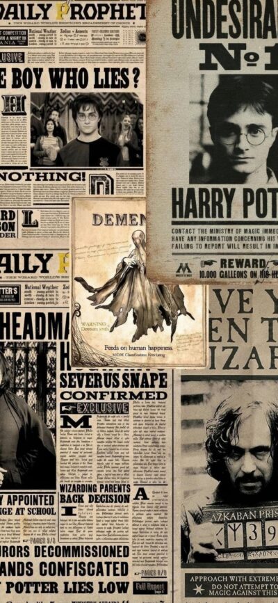 Harry Potter newspaper headlines featuring Harry, Dementors, Snape, and Sirius Black in a magical theme | 4K Wallpaper for Mobile