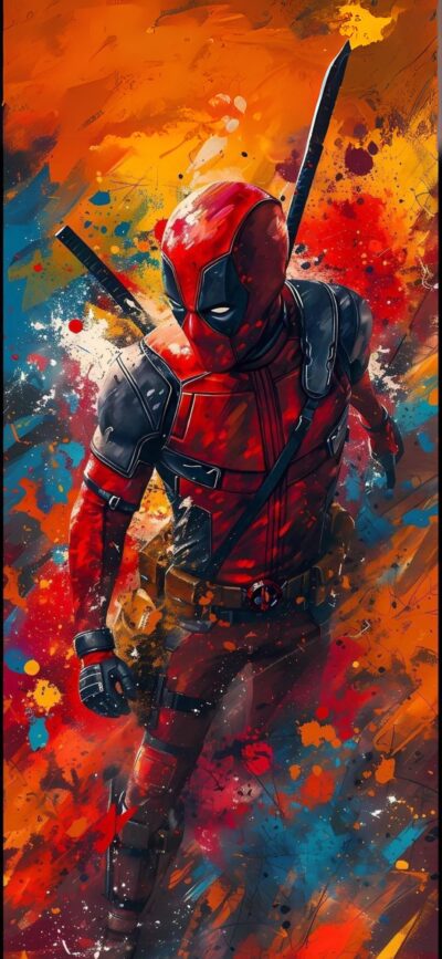 Deadpool in red-black costume with katanas, vibrant abstract explosion in background | 4K Wallpaper for Mobile