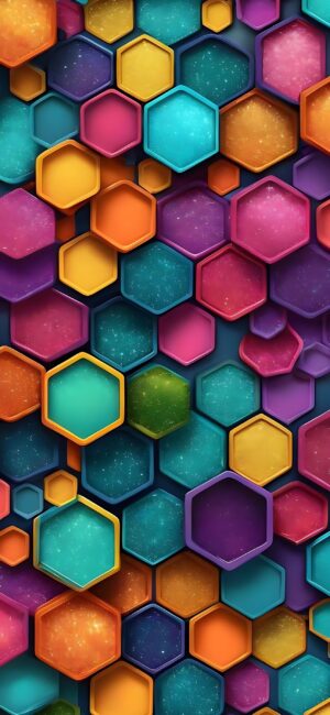 Vibrant geometric hexagon pattern with galaxy textures in blue, orange, pink, yellow, green, and purple | 4K Wallpaper for Mobile