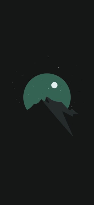 Minimal mountain silhouette on a circular moon/planet, dark backdrop with stars. | Green, Black | 4K Wallpaper for Mobile