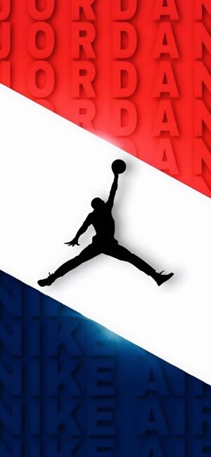 Air Jordan silhouette on red, white, blue background with "JORDAN" & "NIKE AIR" text | 4K Wallpaper for Mobile