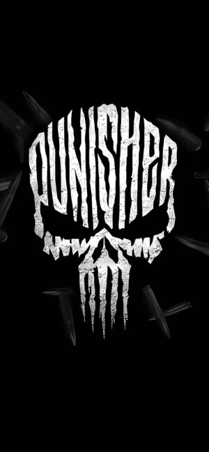 The Punisher's iconic monochrome skull logo with bullets, symbolizing his vigilante nature. Black & white colors. | 4K Wallpaper for Mobile