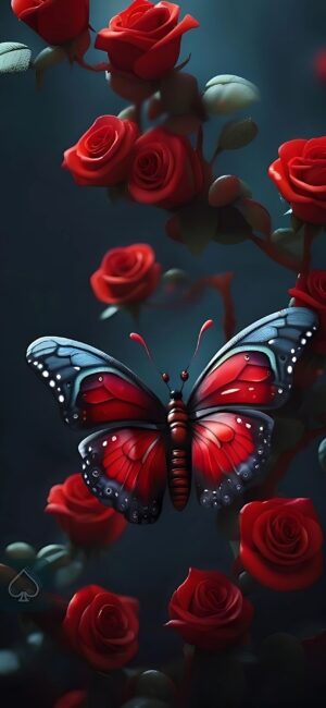 Butterfly with vibrant red and black wings on red roses; dark ambiance emphasizing delicate beauty. | 4K Wallpaper for Mobile