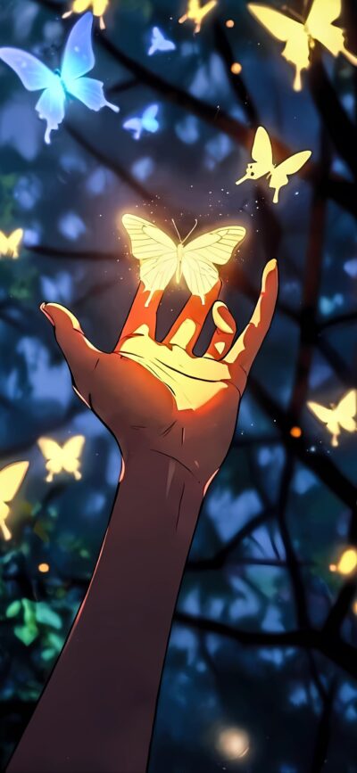 Hand reaching glowing butterflies in a dark forest | Enchanted and magical scene | Blue, Yellow, Black | 4K Wallpaper for Mobile