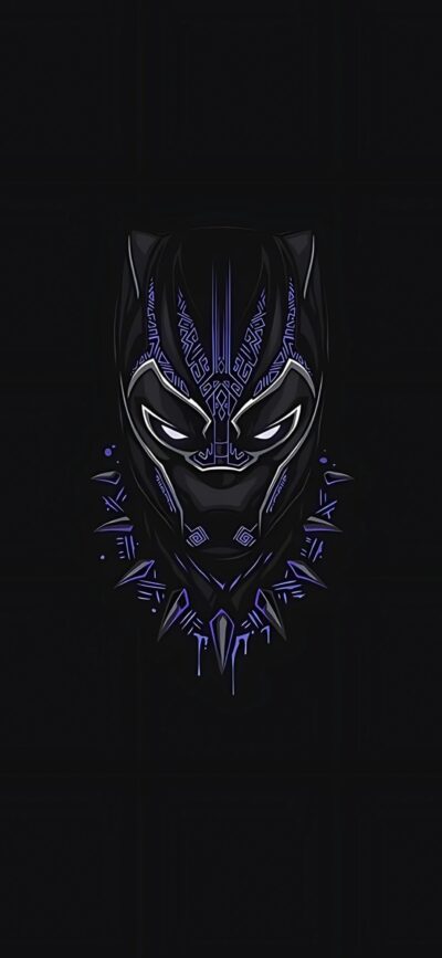 Black Panther Helmet | Intricate Design with Purple & White Accents on Dark Background | 4K Wallpaper for Mobile