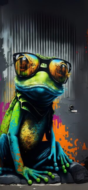 Frog in sunglasses with graffiti art style in vivid blue, green, and orange colors | 4K Wallpaper for Mobile