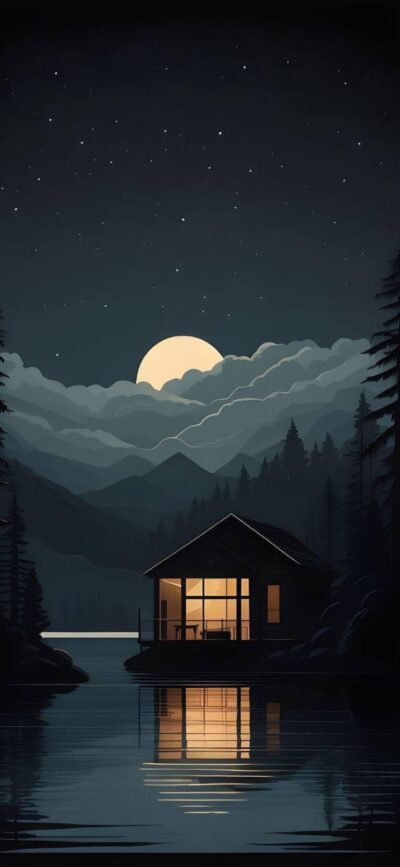 Lakeside cabin with glowing lights, mountains, starry sky, full moon, and pine trees for a tranquil feel | 4K Wallpaper for Mobile