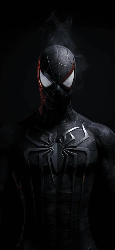 Spider-Man in a black suit with detailed web patterns and large white eyes in dim lighting | 4K Wallpaper for Mobile