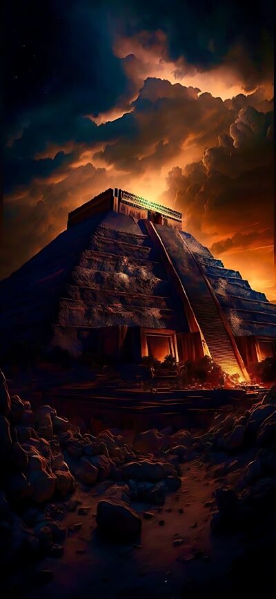 Ancient pyramid under a moody sky, with dark, orange, and blue hues, exuding a mystical and historic vibe | 4K Wallpaper for Mobile