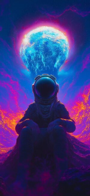 Futuristic astronaut with neon cosmic background in vibrant blues, purples, oranges, pinks | 4K Wallpaper for Mobile