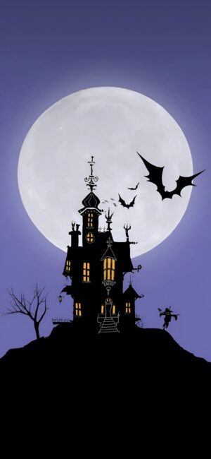 Haunted house silhouette with bats, full moon, and barren tree creating a spooky Halloween scene. | 4K Wallpaper, for Mobile