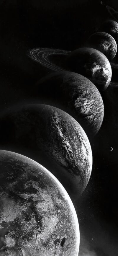 Surreal planets alignment in space with atmospheric details on a dark cosmic background | 4K Wallpaper for Mobile