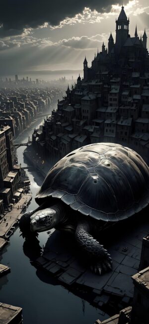 Giant turtle with cityscape on its back, blending fantasy and architecture | Gray, Black, Dark | 4K Wallpaper for Mobile