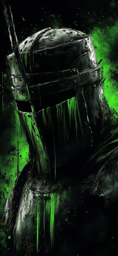 Medieval knight in black armor with green streaks, gritty and atmospheric style. | 4K Wallpaper for Mobile