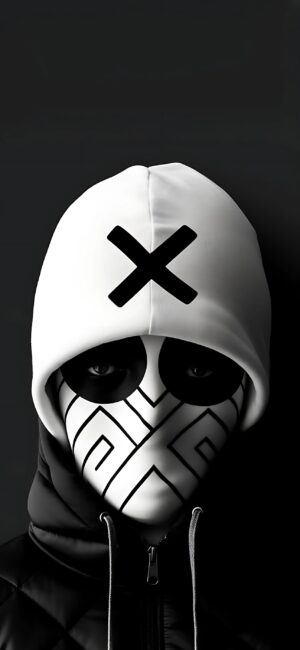 Mysterious figure in a white hood with a black "X" and abstract mask patterns. Enigmatic style. | 4K Wallpaper for Mobile