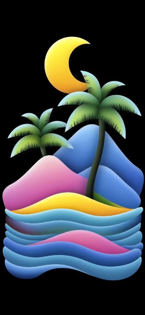 Vibrant abstract palm trees, hills, and waves under crescent moon in bold colors | 4K Wallpaper for Mobile