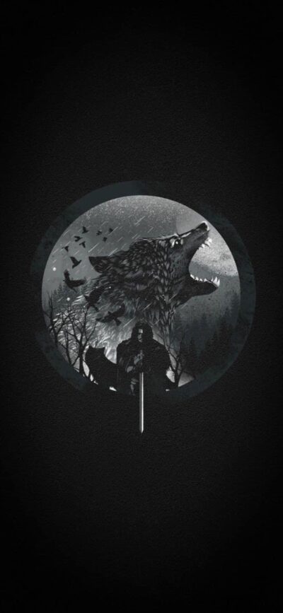 Alt tag: "Dark atmospheric wolf motif wallpaper with a mysterious character, nature elements, and fantasy themes | 4K Wallpaper for Mobile"