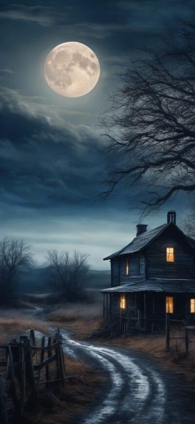 Mysterious rural landscape with full moon over an aged house, dark clouds, and barren trees. | 4K Wallpaper for Mobile