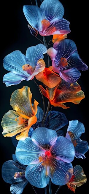 Abstract vibrant flowers in blue, orange, and purple against a dark background | 4K Wallpaper for Mobile