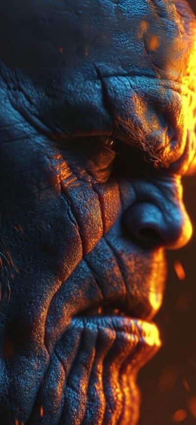 Close-up of Thanos from Marvel Comics with textured skin; dramatic lighting in blue and orange tones | 4K Wallpaper for Mobile