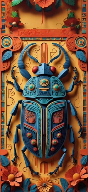 Artistic beetle design with intricate patterns, vibrant colors (blue, orange, red, yellow) & floral elements | 4K Wallpaper for Mobile