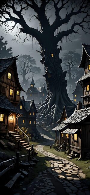 Mystical village with illuminated cottages and eerie tree, creating a fantasy, old-world ambiance. | 4K Wallpaper for Mobile