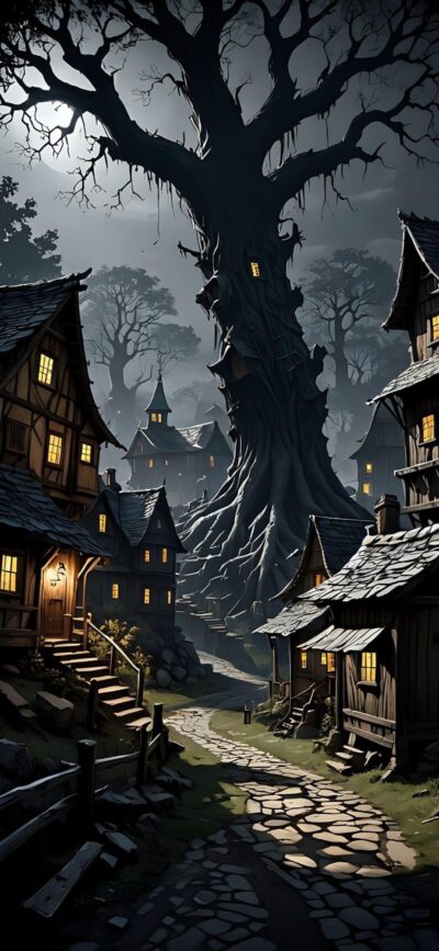 Mystical village with illuminated cottages and eerie tree, creating a fantasy, old-world ambiance. | 4K Wallpaper for Mobile