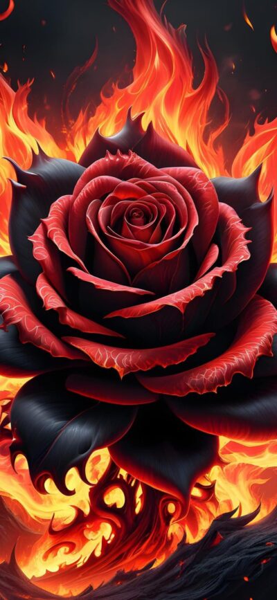 Dramatic black and red rose with fiery orange flames, creating an intense atmosphere | 4K Wallpaper for Mobile