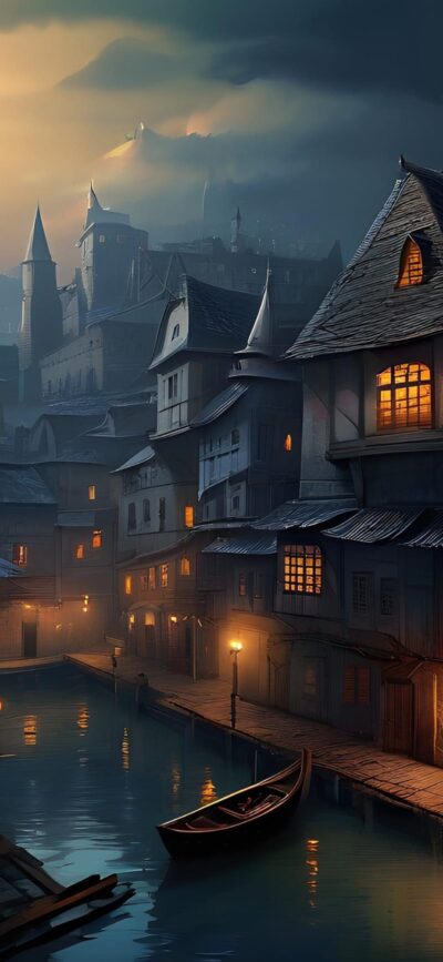 Medieval town with cobblestone streets along a canal, cozy lit windows, steep roofs, and castle silhouettes | 4K Wallpaper for Mobile