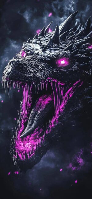 Fearsome dragon with glowing pink eyes and accents, set against a dark, cloudy background | Black, Pink | Fantasy | 4K Wallpaper for Mobile