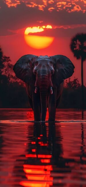 Majestic elephant in reflective water at sunset with red-orange sky and tree silhouettes | 4K Wallpaper for Mobile