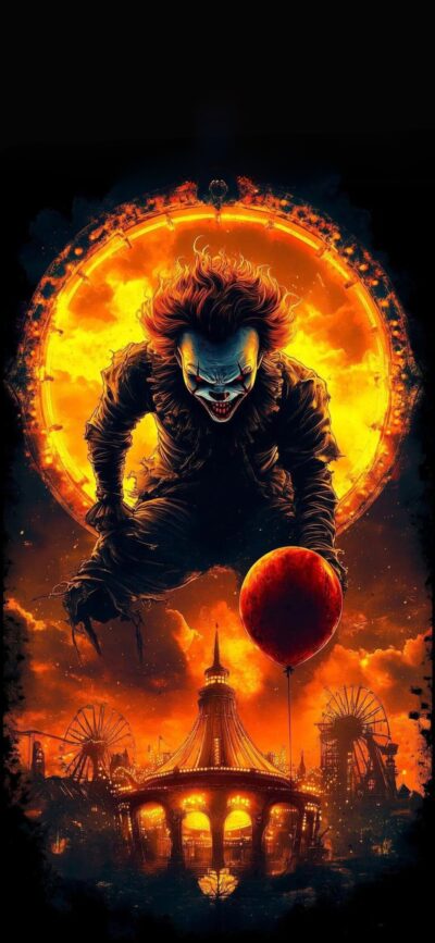 Menacing clown with red balloon, fiery carnival background | Horror, supernatural vibes, Pennywise inspired | 4K Wallpaper, for Mobile