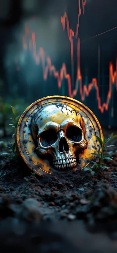 Skull in a metallic shield with plants, red graph background, conveying danger and risk. | 4K Wallpaper for Mobile