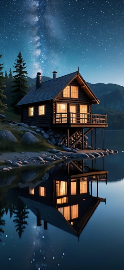 Cozy cabin by a tranquil lake under a starry night sky, surrounded by pine trees and mountains | 4K Wallpaper, for Mobile