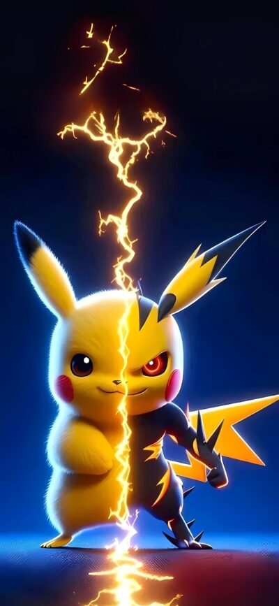 Pikachu split design with lightning, showcasing normal and dark forms in yellow, blue, black, and orange tones | 4K Wallpaper for Mobile