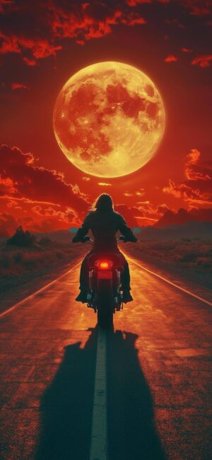 Silhouetted motorcyclist rides under a glowing full moon with red-orange clouds in a dark landscape | 4K Wallpaper for Mobile