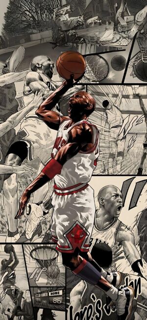 Dynamic basketball player in comic-style panels with black, white, red, and gray tones | 4K Wallpaper for Mobile