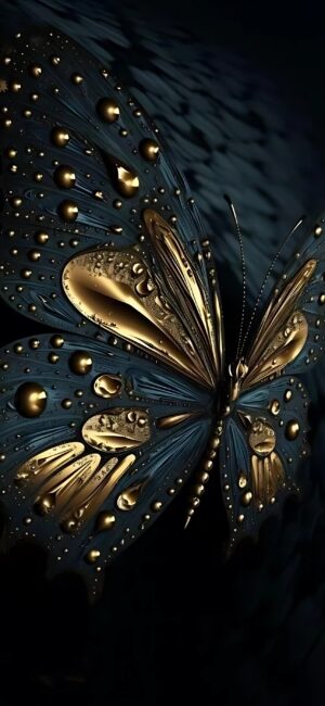 Abstract butterfly with golden patterns on dark background, rich textures | 4K Wallpaper for Mobile