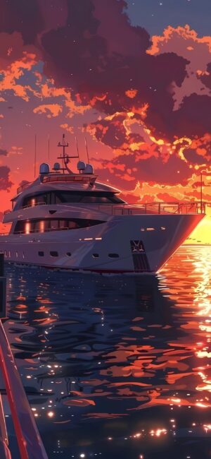 Luxurious yacht at sunset with warm orange, pink, blue, and yellow hues reflecting on ocean waters | 4K Wallpaper for Mobile