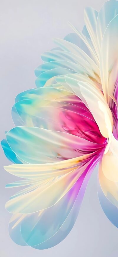 Abstract floral design with translucent petals in pink, blue, yellow, and purple gradient | 4K Wallpaper for Mobile