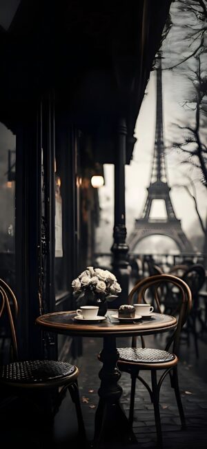 Charming Parisian café scene with Eiffel Tower backdrop, vintage ambiance | 4K Wallpaper, for Mobile