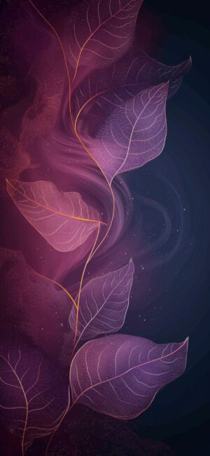 Abstract purple leaves on a swirling dark background creating a dreamy, tranquil effect | 4K Wallpaper for Mobile